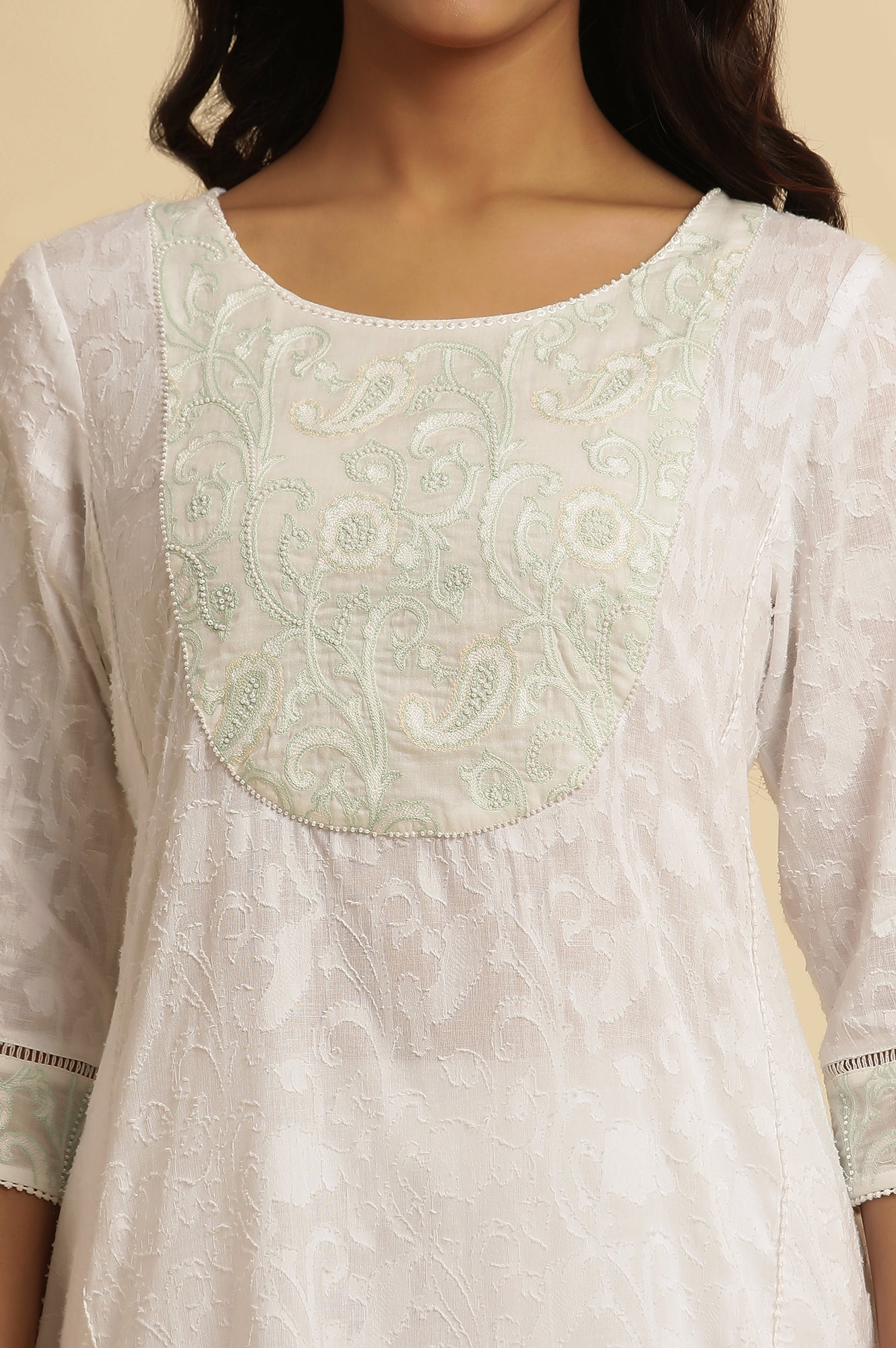 W for Woman White A-Line Yarn-Dyed Kurta