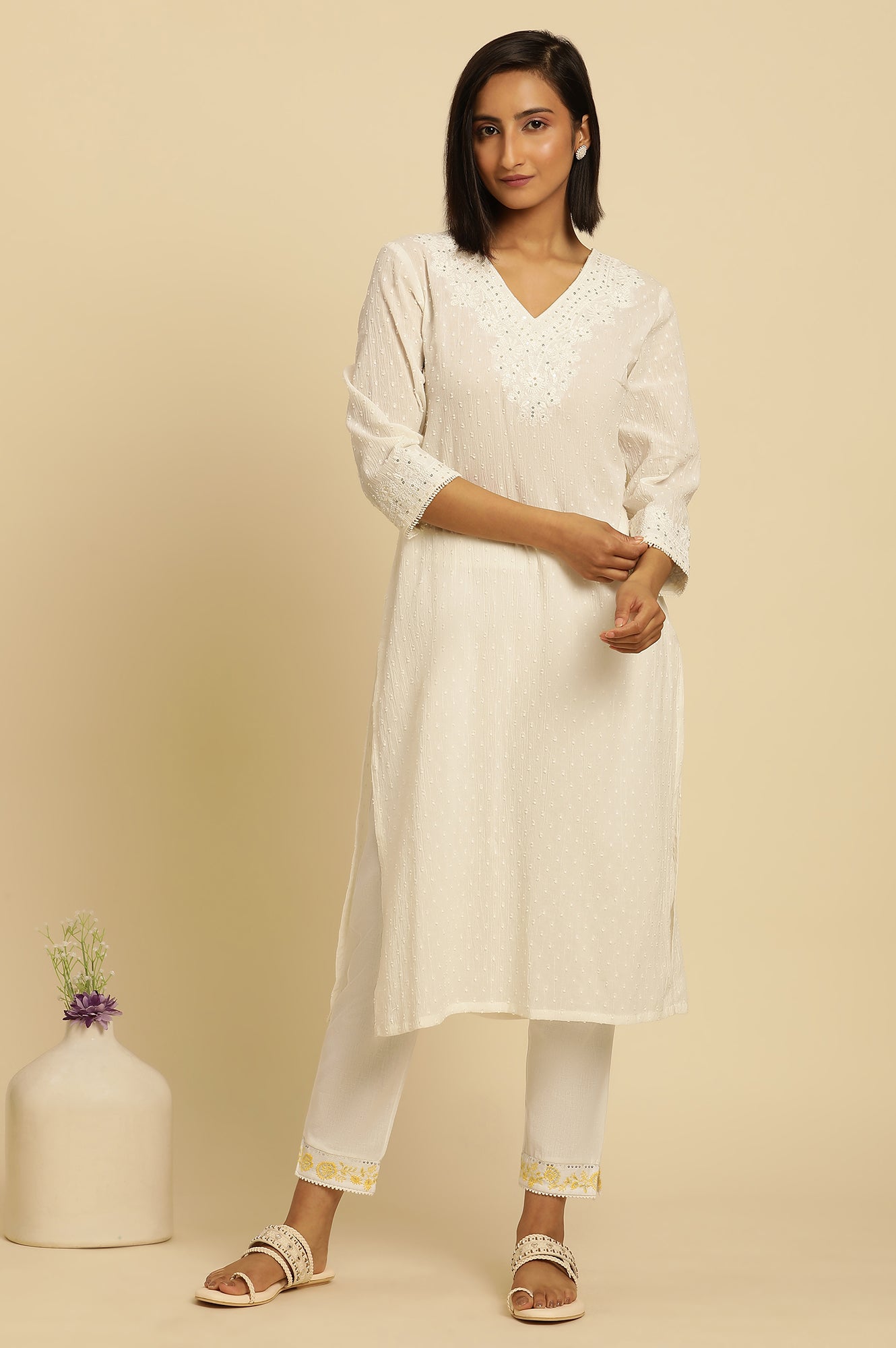 W for Woman Ecru Chikankari Embroidered Kurta