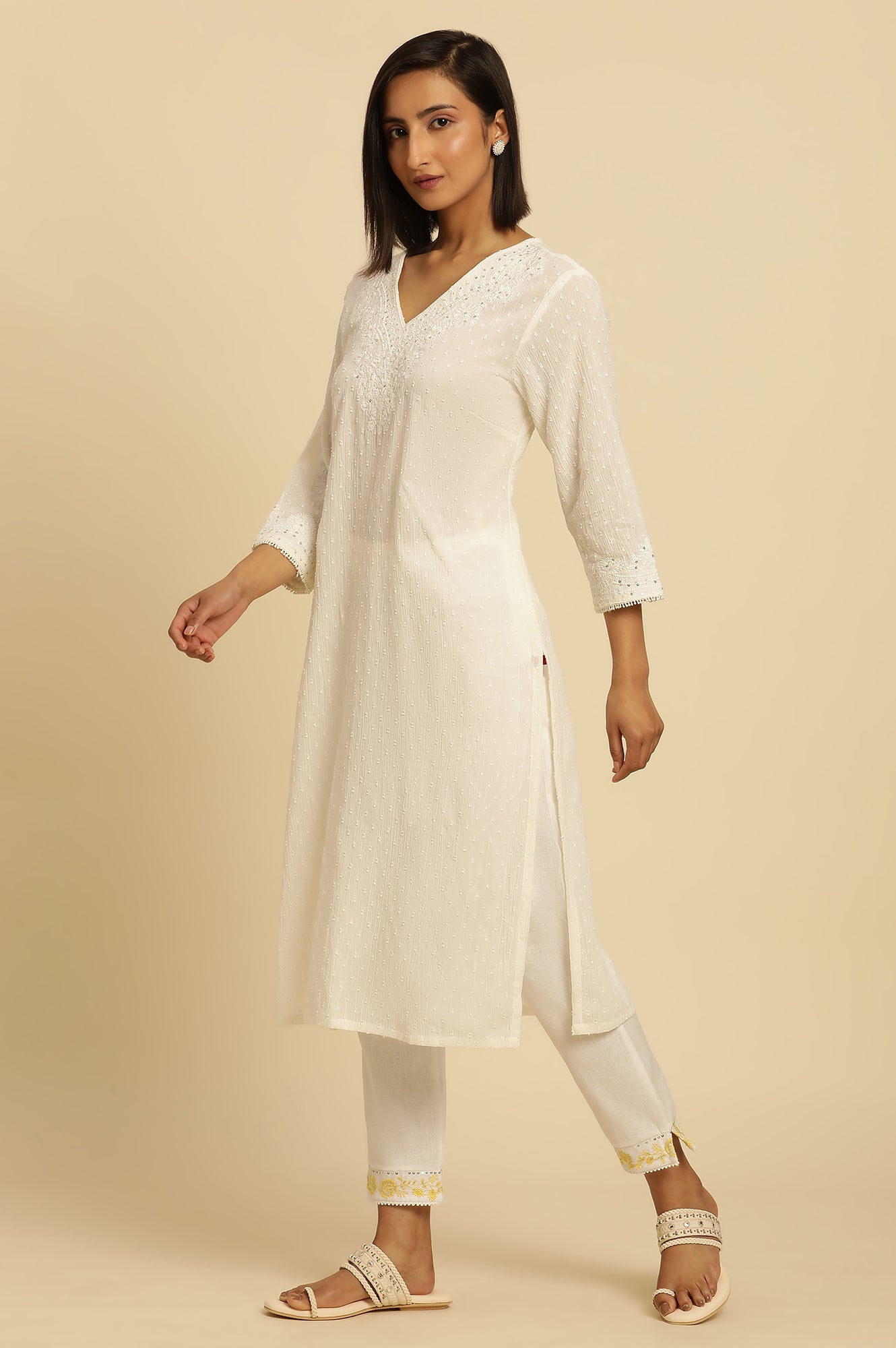 W for Woman Ecru Chikankari Embroidered Kurta