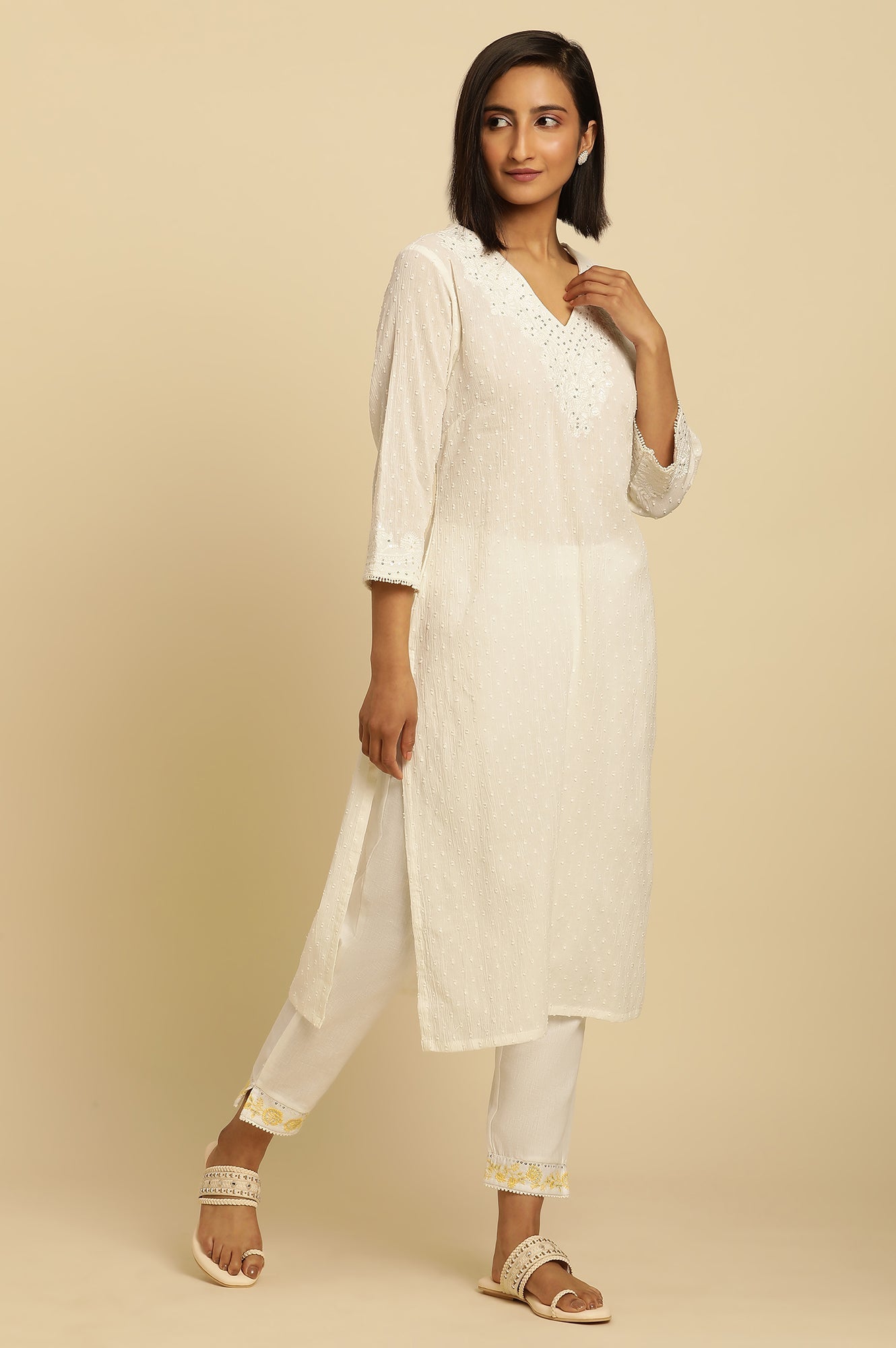 W for Woman Ecru Chikankari Embroidered Kurta