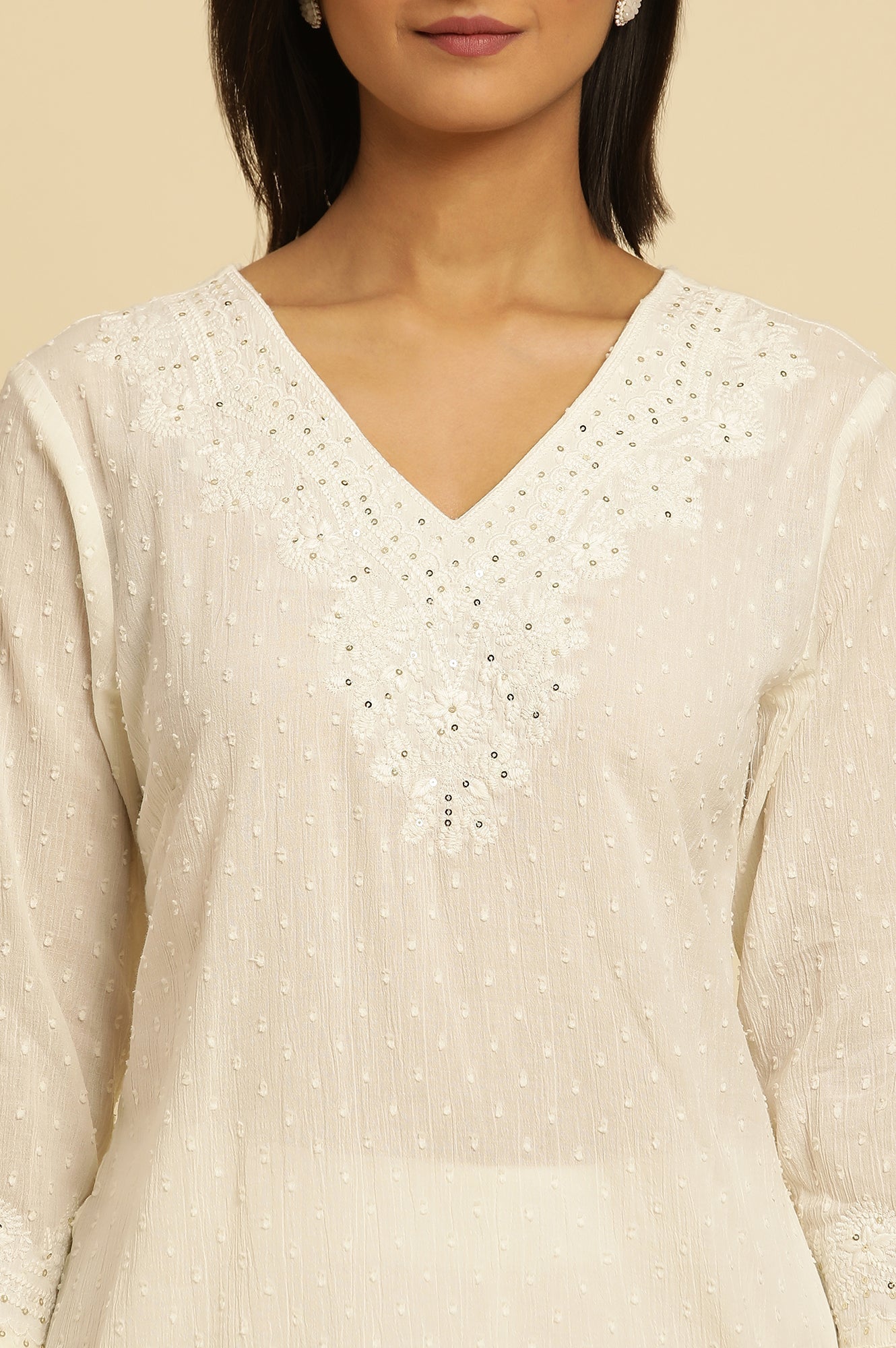 W for Woman Ecru Chikankari Embroidered Kurta