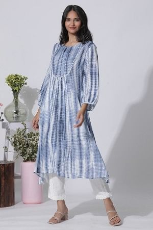 W for Woman White And Blue Tie-Dye A-Line Kurta