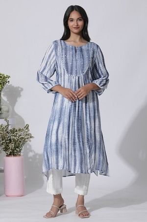 W for Woman White And Blue Tie-Dye A-Line Kurta
