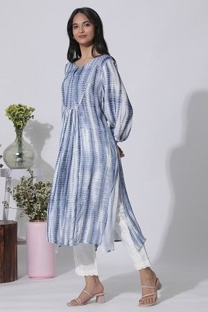W for Woman White And Blue Tie-Dye A-Line Kurta