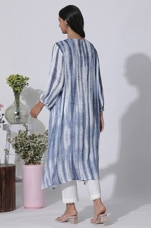 W for Woman White And Blue Tie-Dye A-Line Kurta