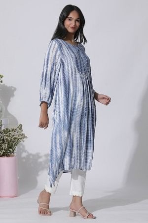 W for Woman White And Blue Tie-Dye A-Line Kurta