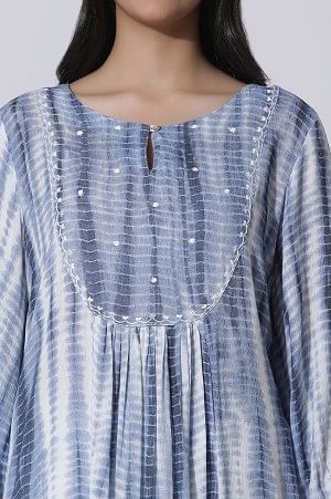 W for Woman White And Blue Tie-Dye A-Line Kurta