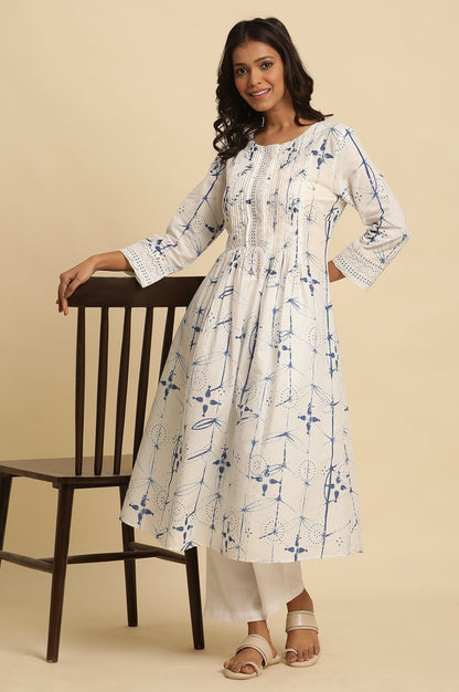W for Woman White Cotton Kurta With Blue Print