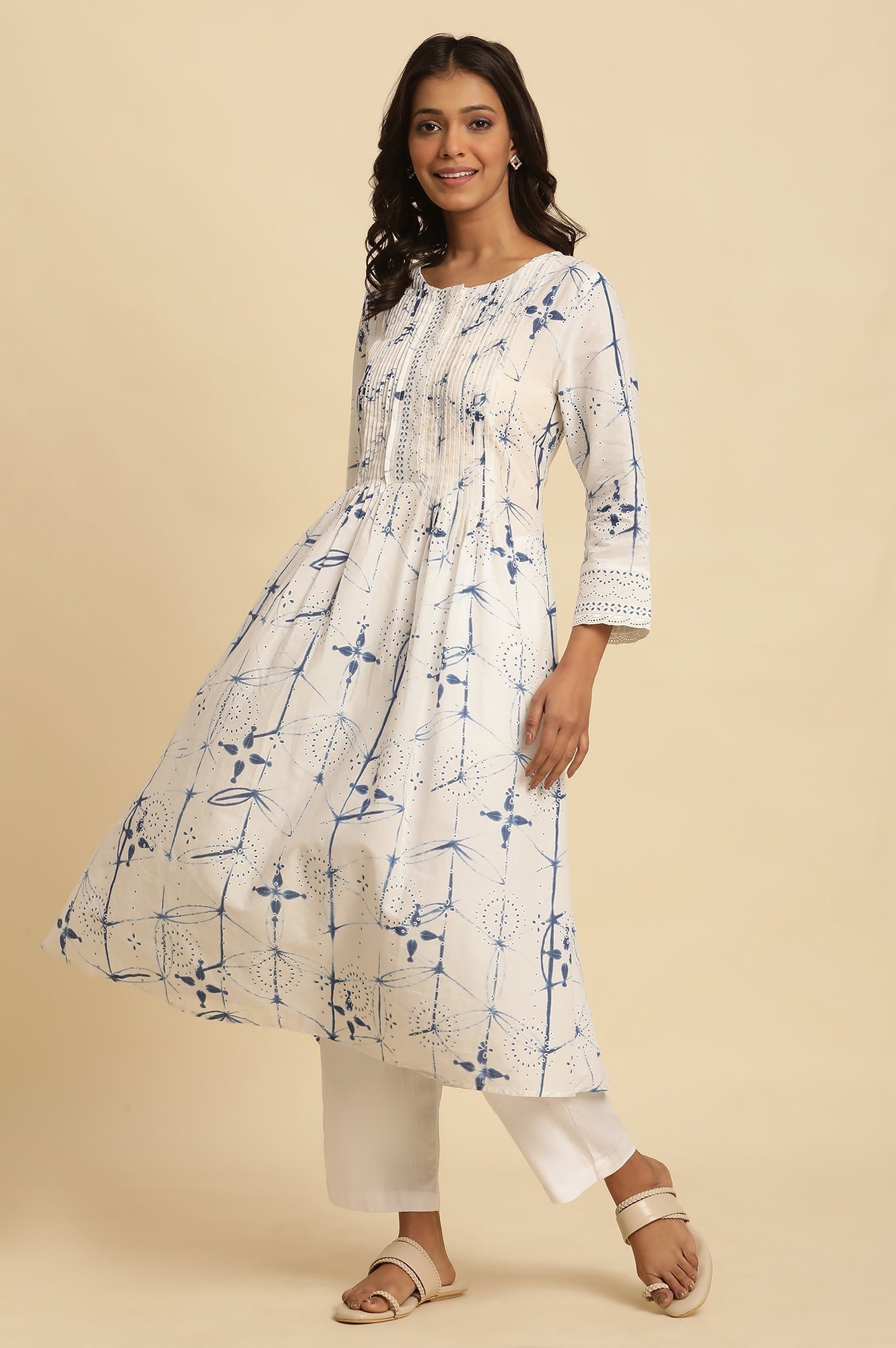 W for Woman White Cotton Kurta With Blue Print