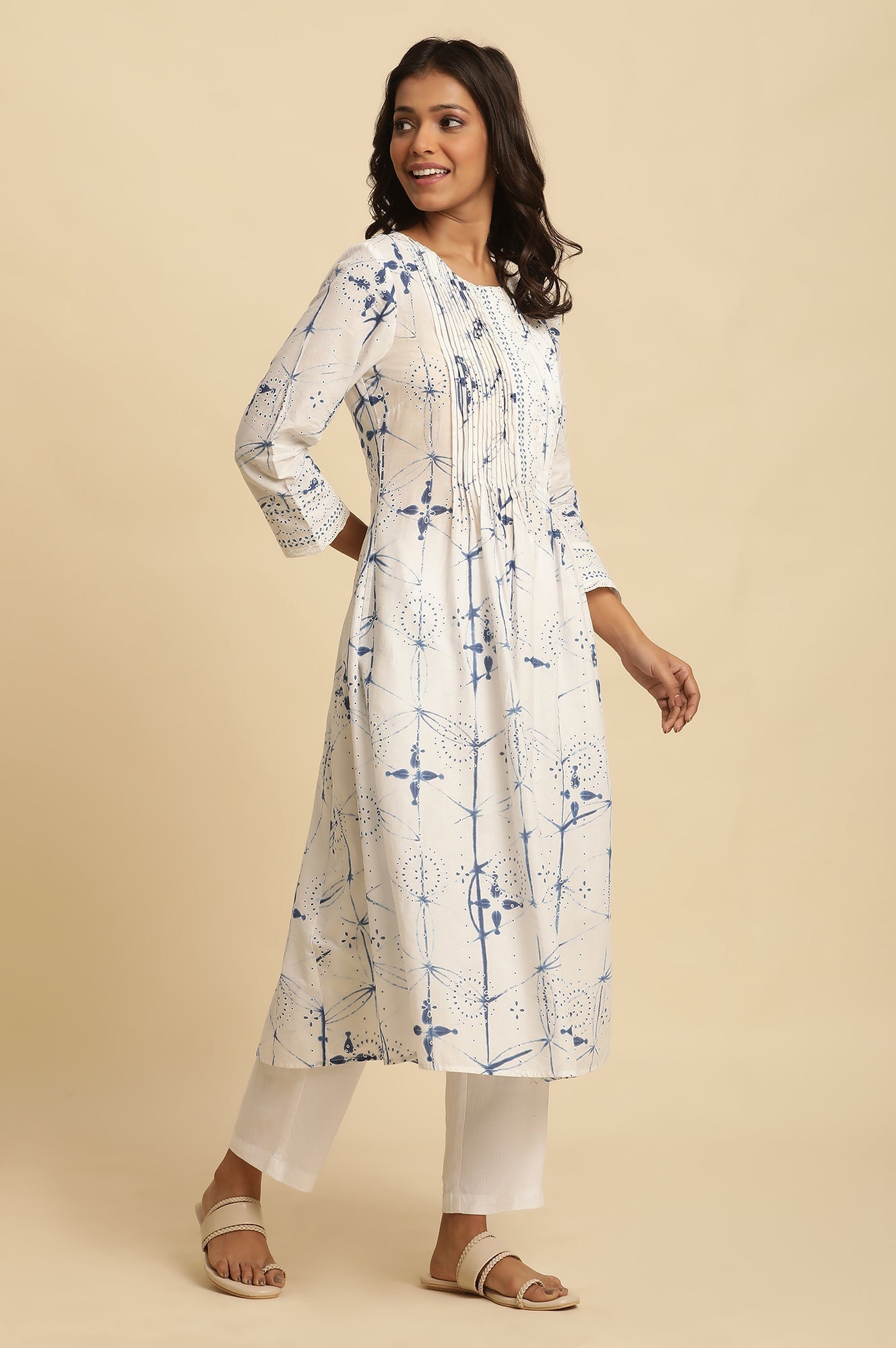 W for Woman White Cotton Kurta With Blue Print