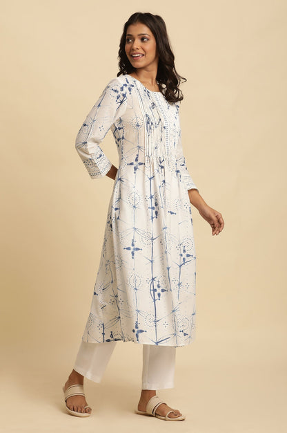 W for Woman White Cotton Kurta With Blue Print