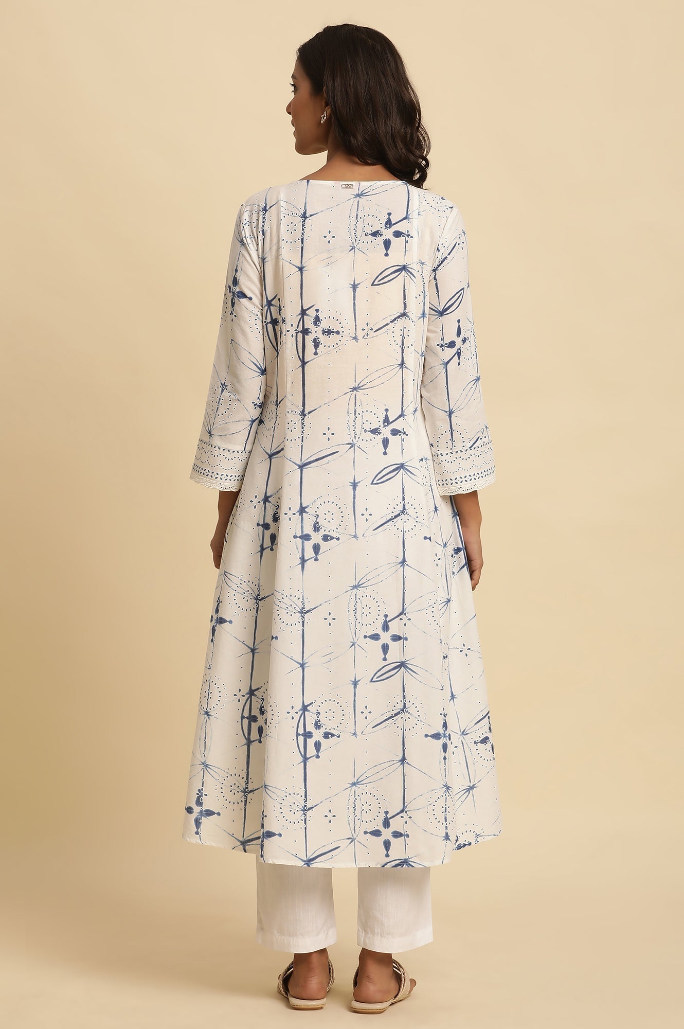W for Woman White Cotton Kurta With Blue Print