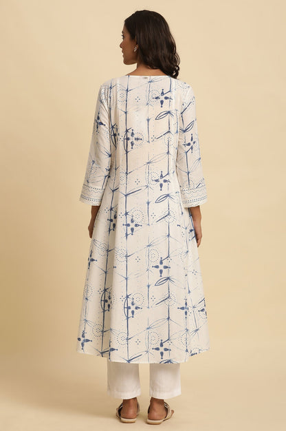 W for Woman White Cotton Kurta With Blue Print