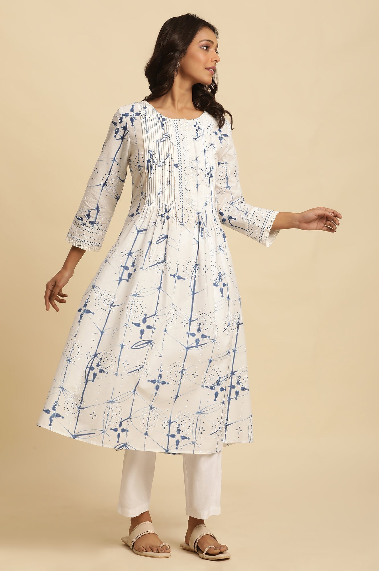 W for Woman White Cotton Kurta With Blue Print