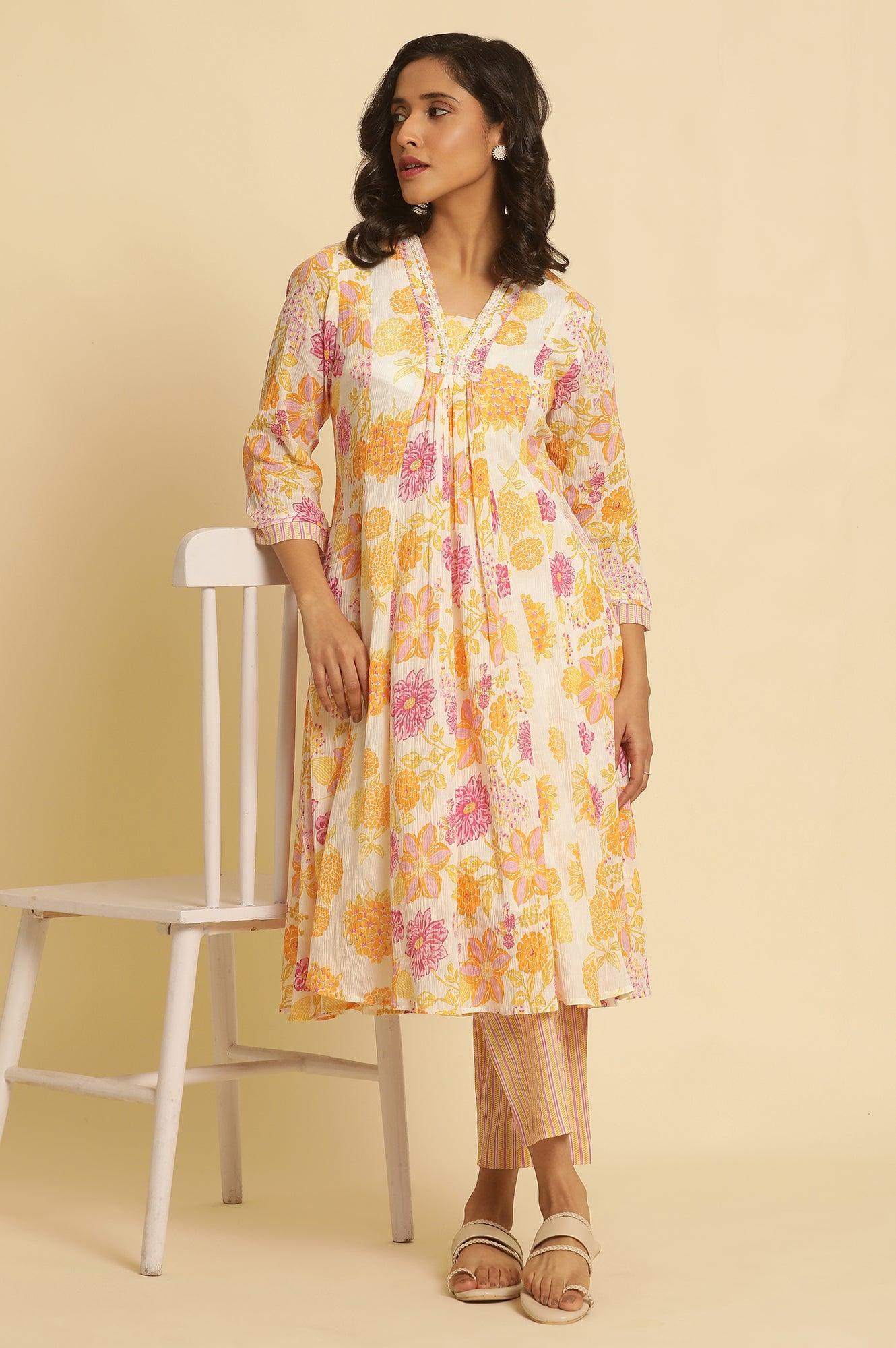 W for Woman White Floral Printed Flared Kurta