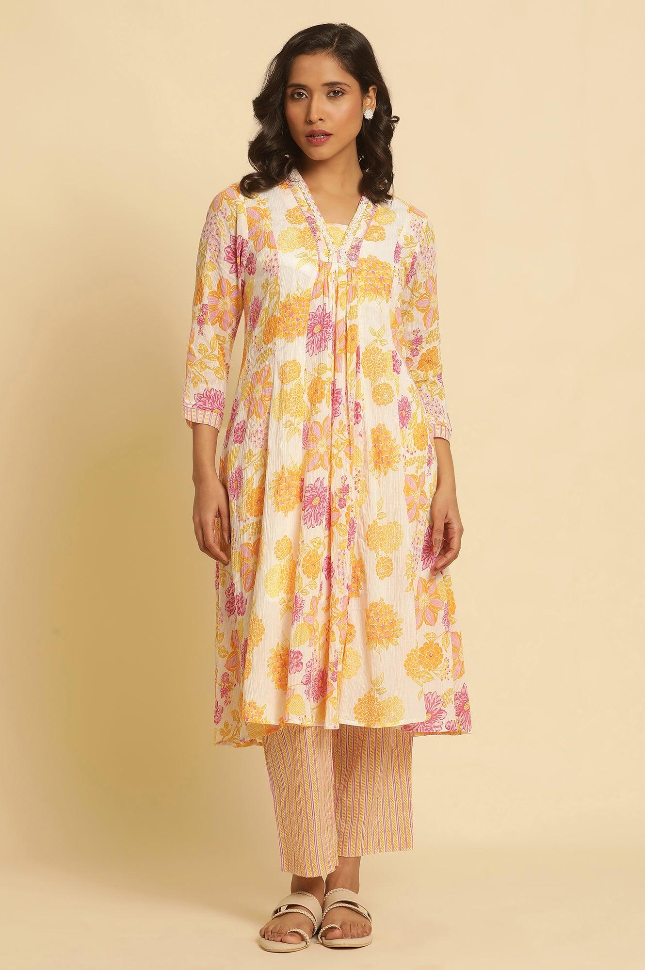 W for Woman White Floral Printed Flared Kurta
