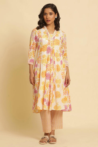 W for Woman White Floral Printed Flared Kurta
