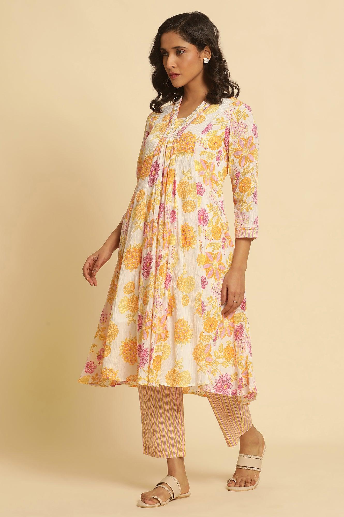 W for Woman White Floral Printed Flared Kurta