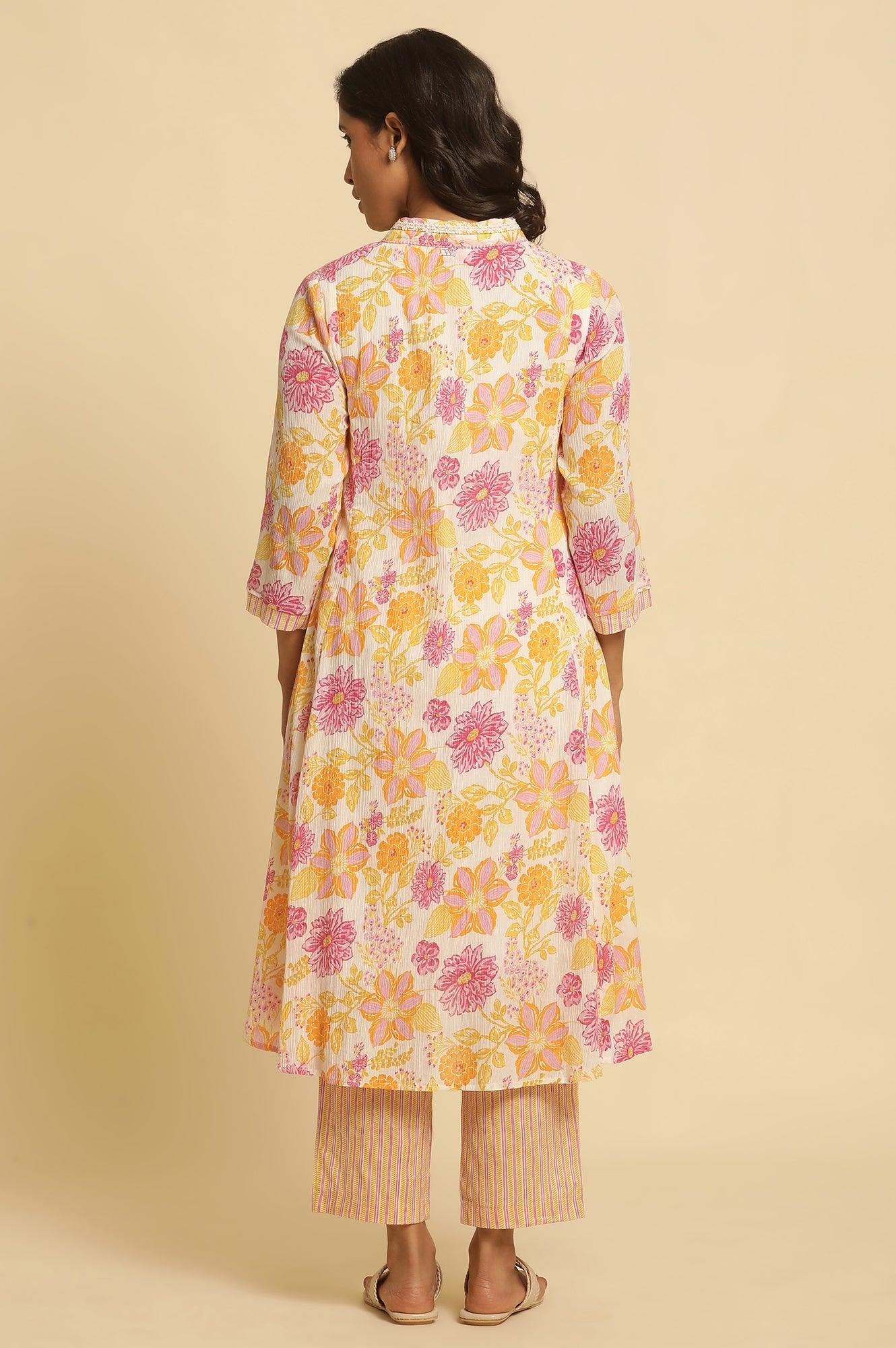 W for Woman White Floral Printed Flared Kurta