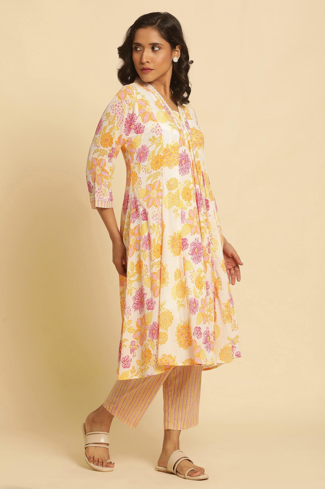 W for Woman White Floral Printed Flared Kurta