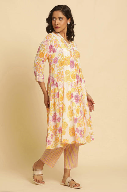 W for Woman White Floral Printed Flared Kurta