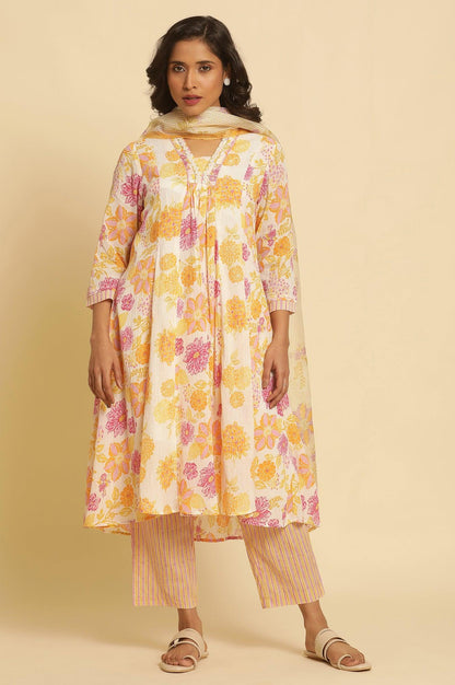 W for Woman White Floral Printed Flared Kurta