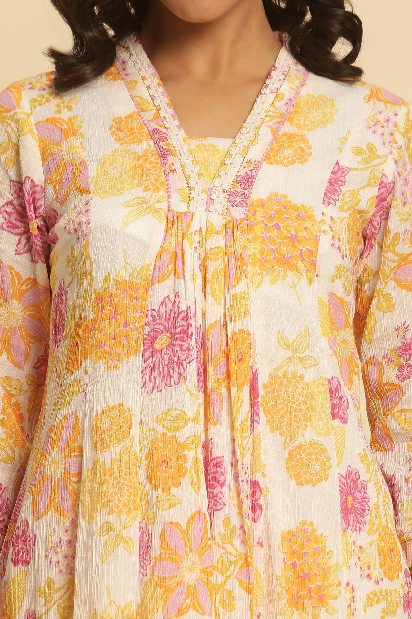 W for Woman White Floral Printed Flared Kurta
