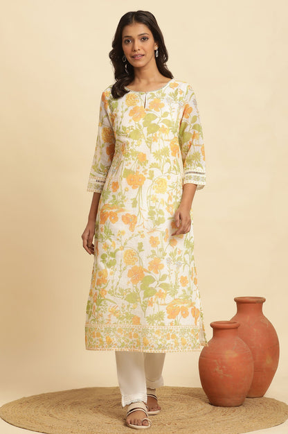 W for Woman White Floral Printed Cotton Kurta
