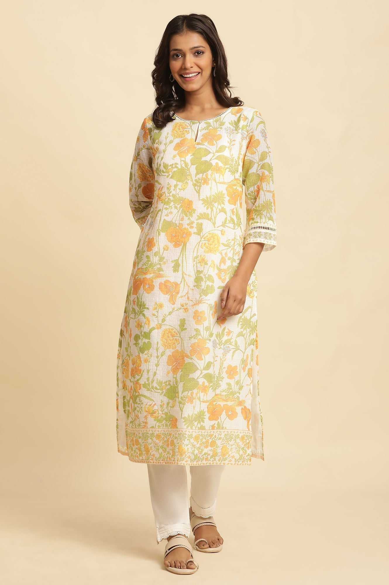 W for Woman White Floral Printed Cotton Kurta