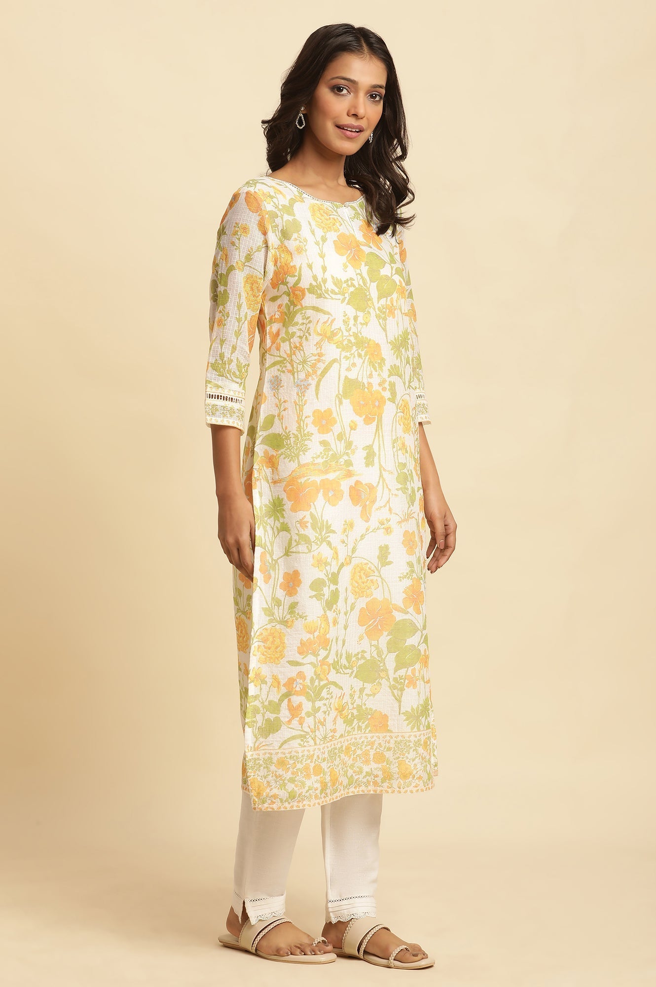 W for Woman White Floral Printed Cotton Kurta