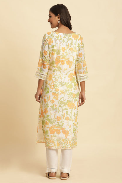 W for Woman White Floral Printed Cotton Kurta