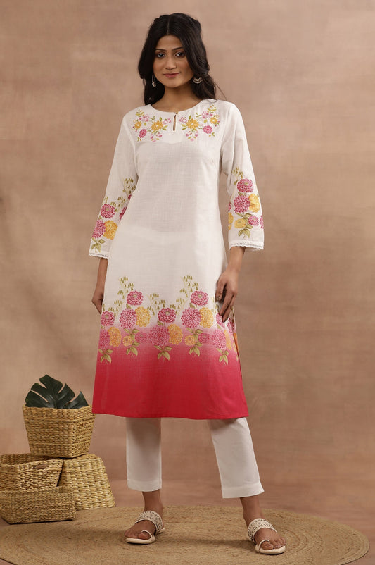 W for Woman White And Pink Ombre Floral Printed Cotton Kurta