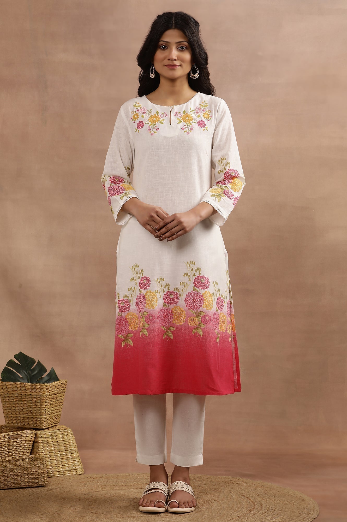 W for Woman White And Pink Ombre Floral Printed Cotton Kurta