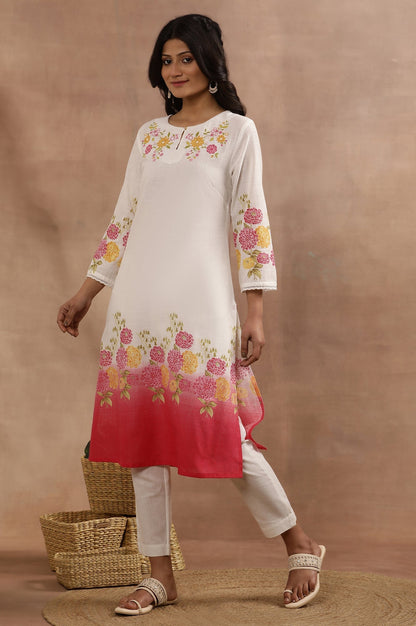 W for Woman White And Pink Ombre Floral Printed Cotton Kurta