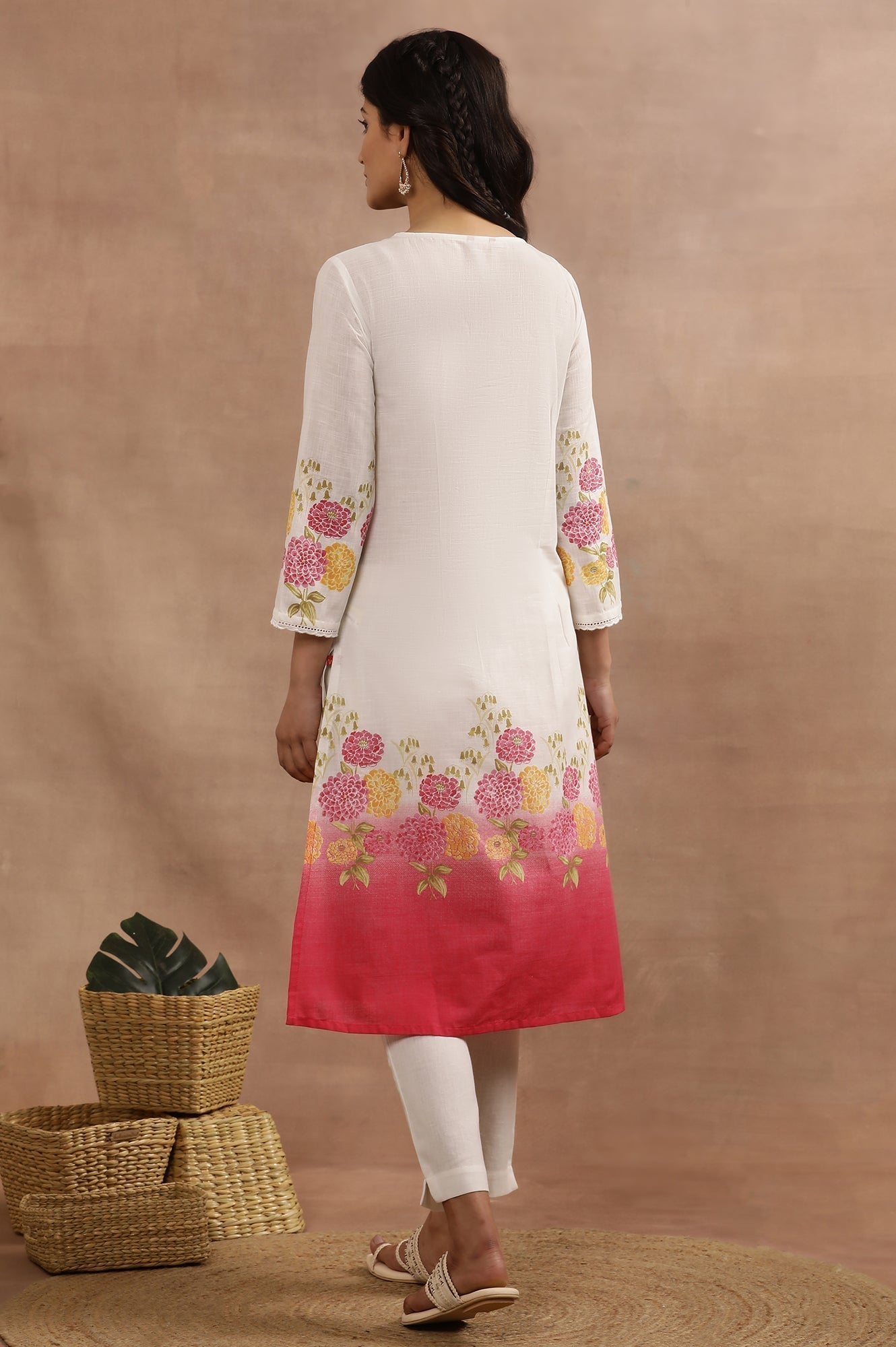 W for Woman White And Pink Ombre Floral Printed Cotton Kurta
