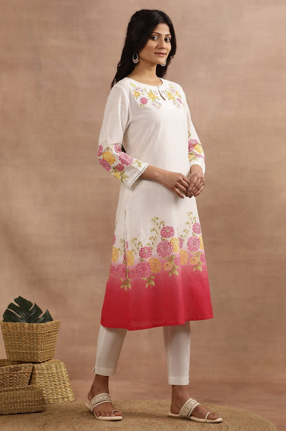 W for Woman White And Pink Ombre Floral Printed Cotton Kurta