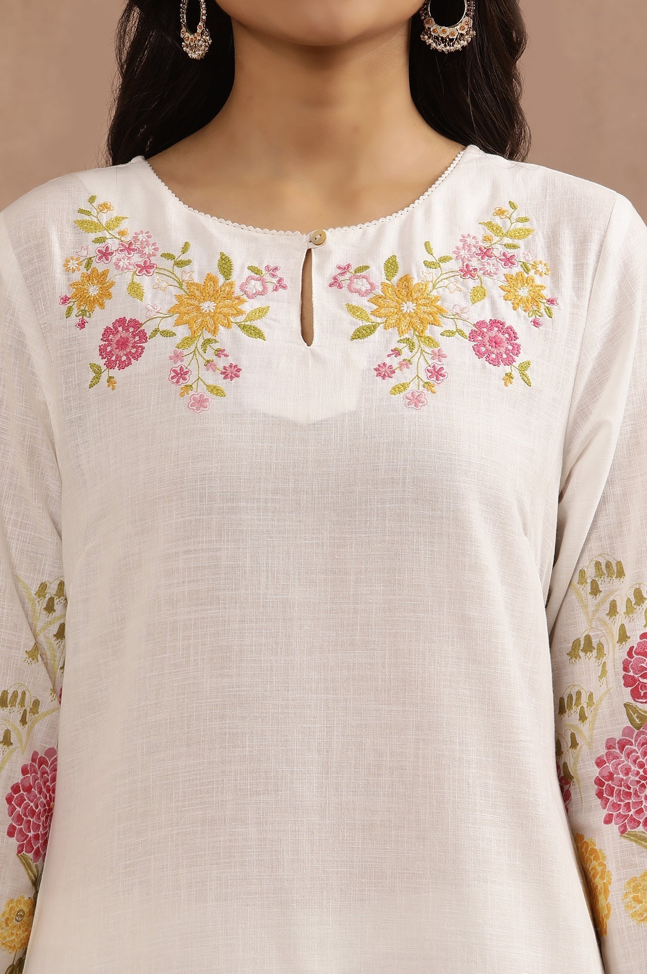 W for Woman White And Pink Ombre Floral Printed Cotton Kurta