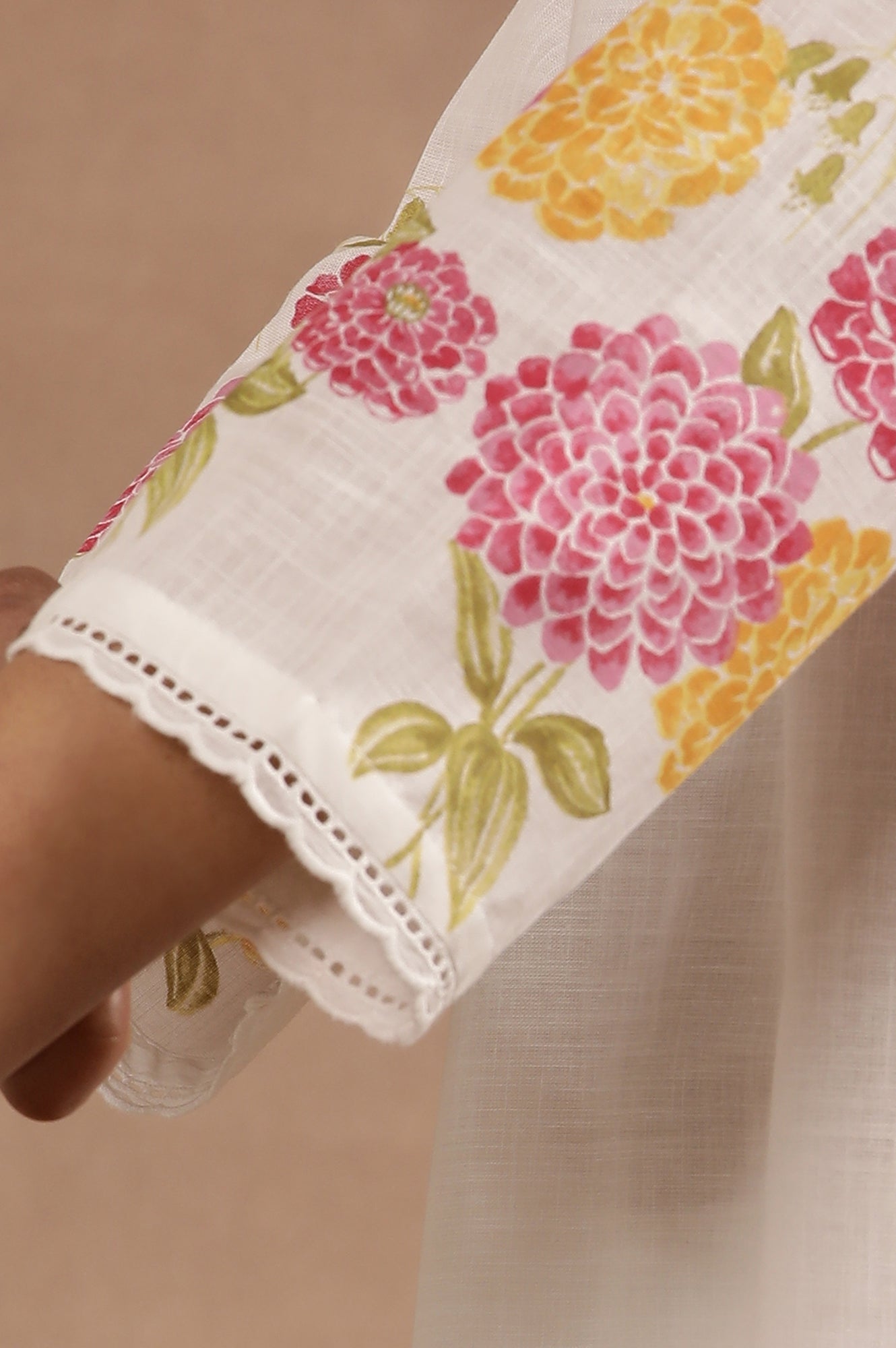 W for Woman White And Pink Ombre Floral Printed Cotton Kurta