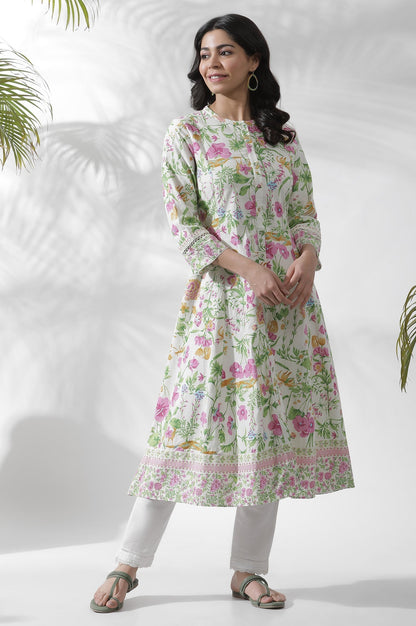 W for Woman Off-White Floral Printed Flared Kurta