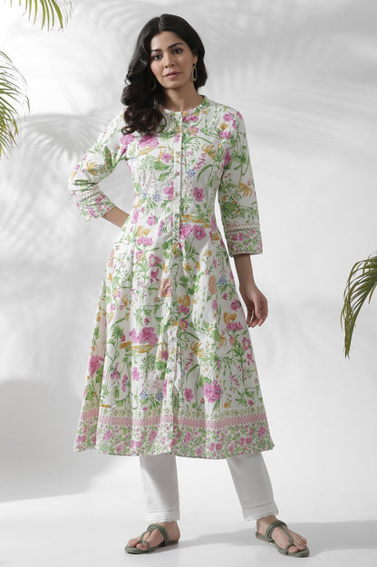 W for Woman Off-White Floral Printed Flared Kurta