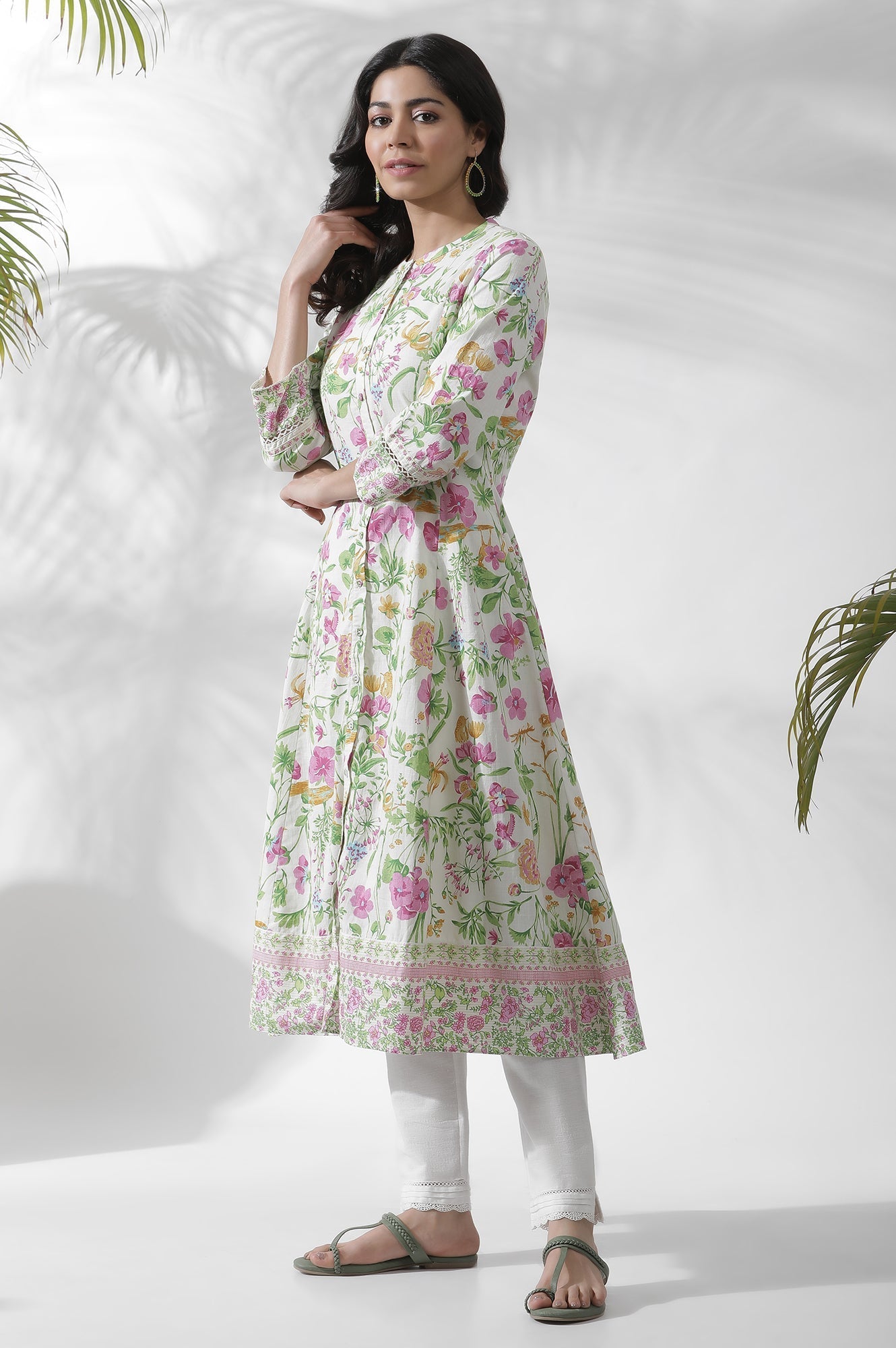 W for Woman Off-White Floral Printed Flared Kurta