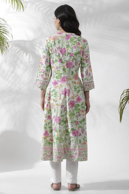 W for Woman Off-White Floral Printed Flared Kurta