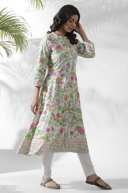 W for Woman Off-White Floral Printed Flared Kurta