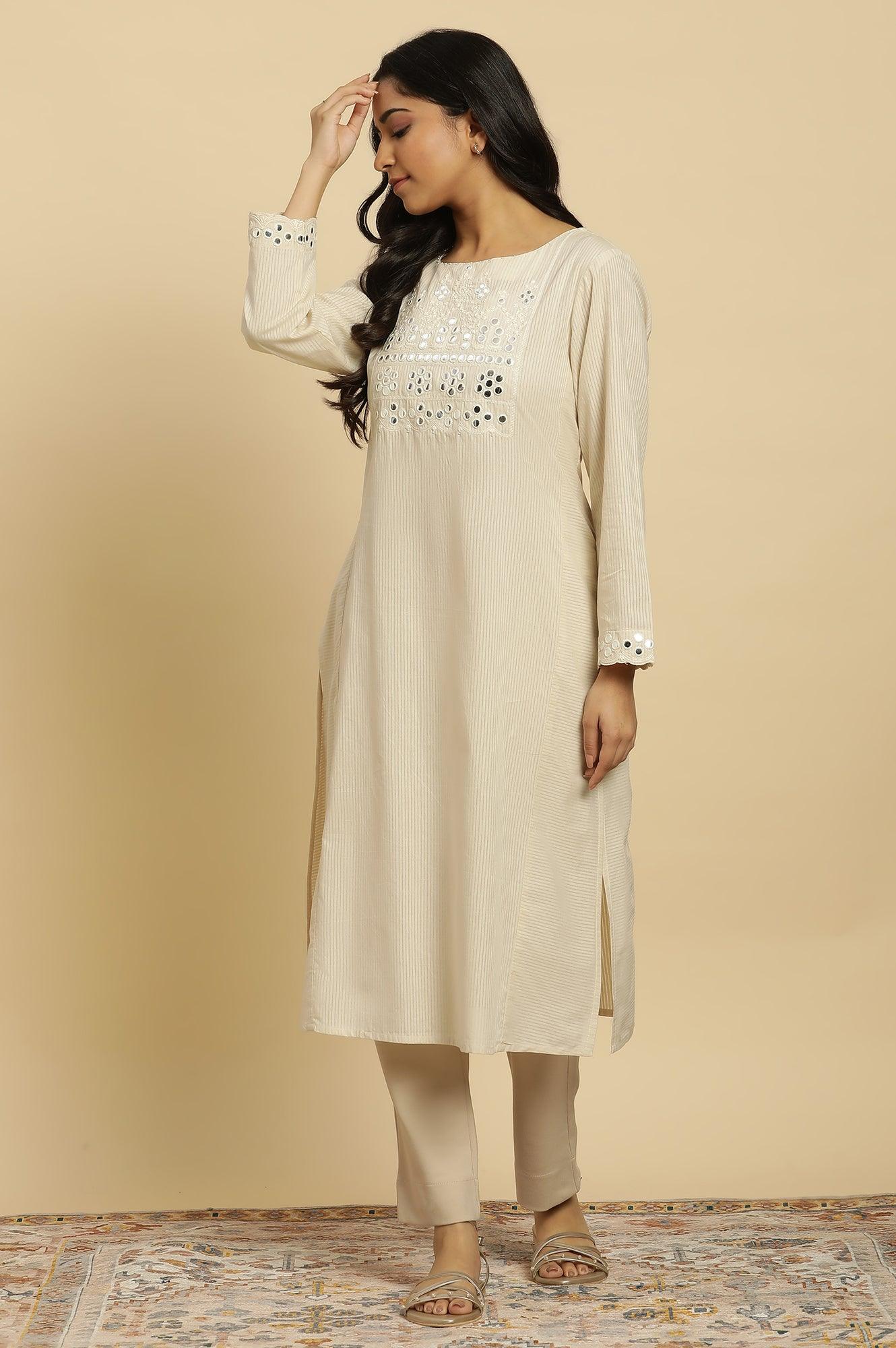 W for Woman Off-White Cotton Kurta With Mirror Work