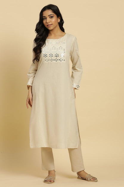 W for Woman Off-White Cotton Kurta With Mirror Work