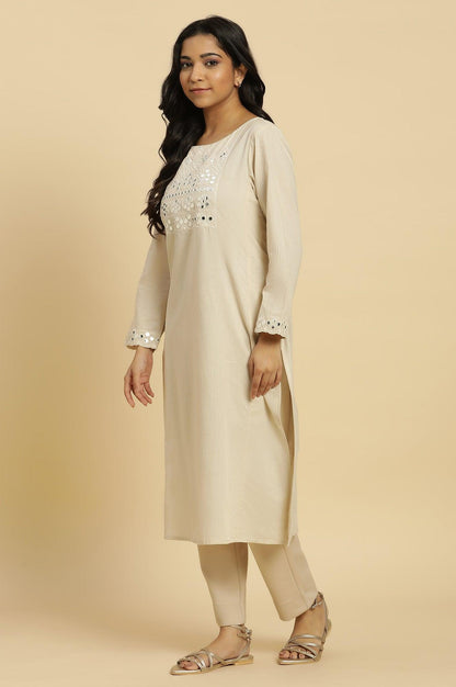 W for Woman Off-White Cotton Kurta With Mirror Work