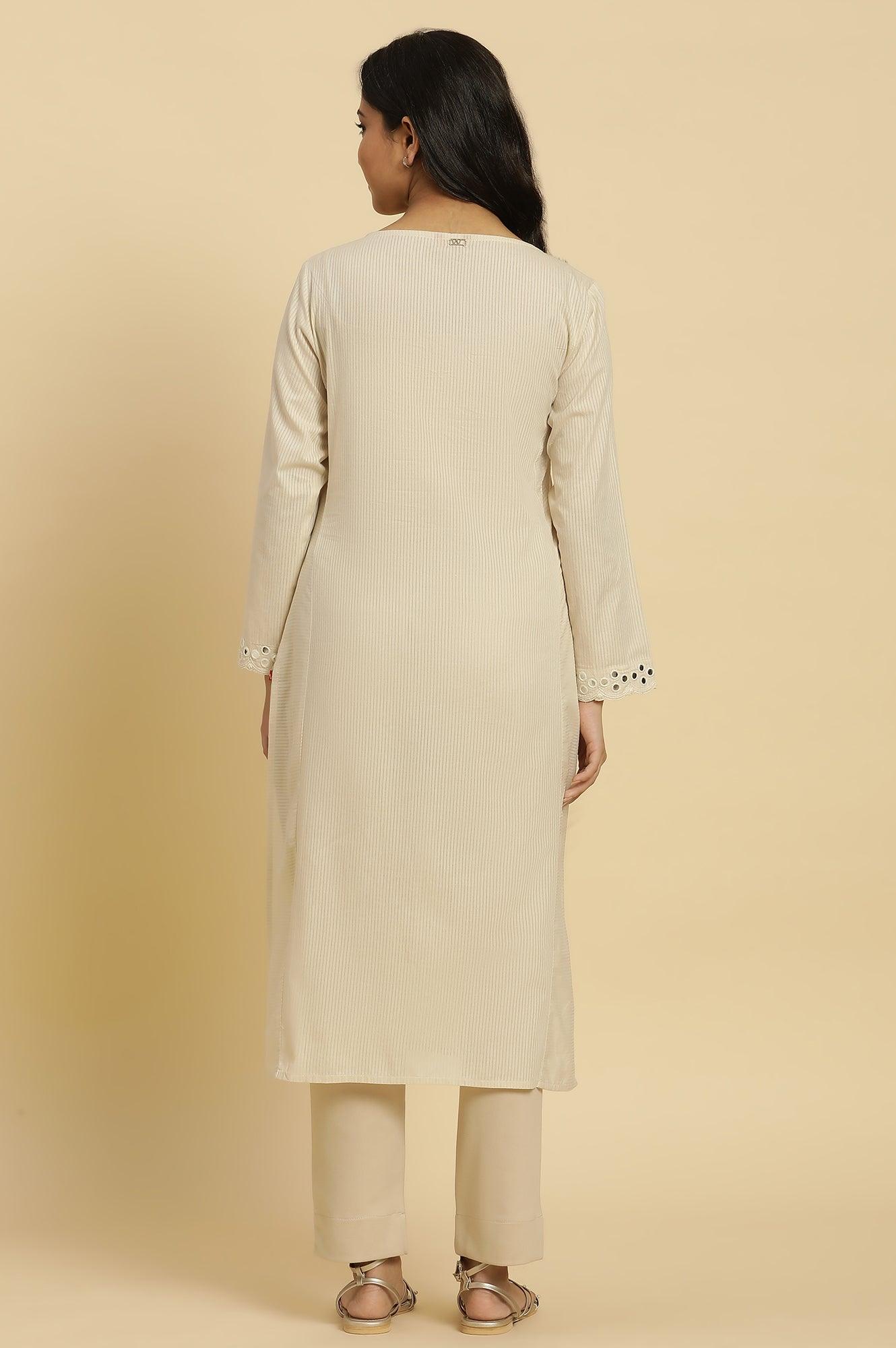W for Woman Off-White Cotton Kurta With Mirror Work