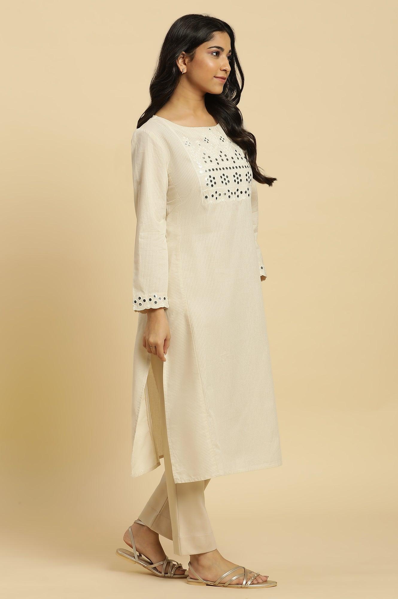 W for Woman Off-White Cotton Kurta With Mirror Work