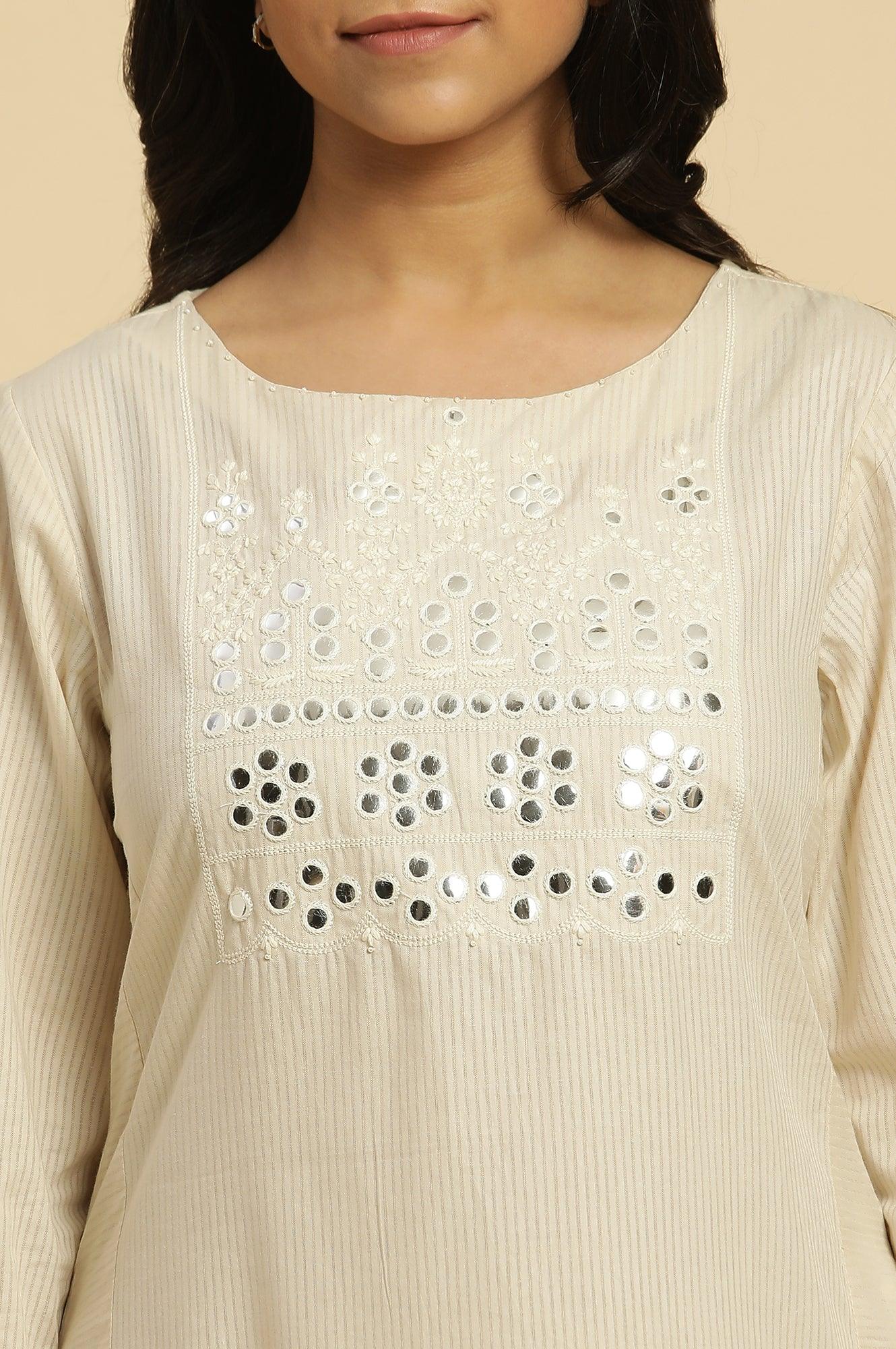 W for Woman Off-White Cotton Kurta With Mirror Work