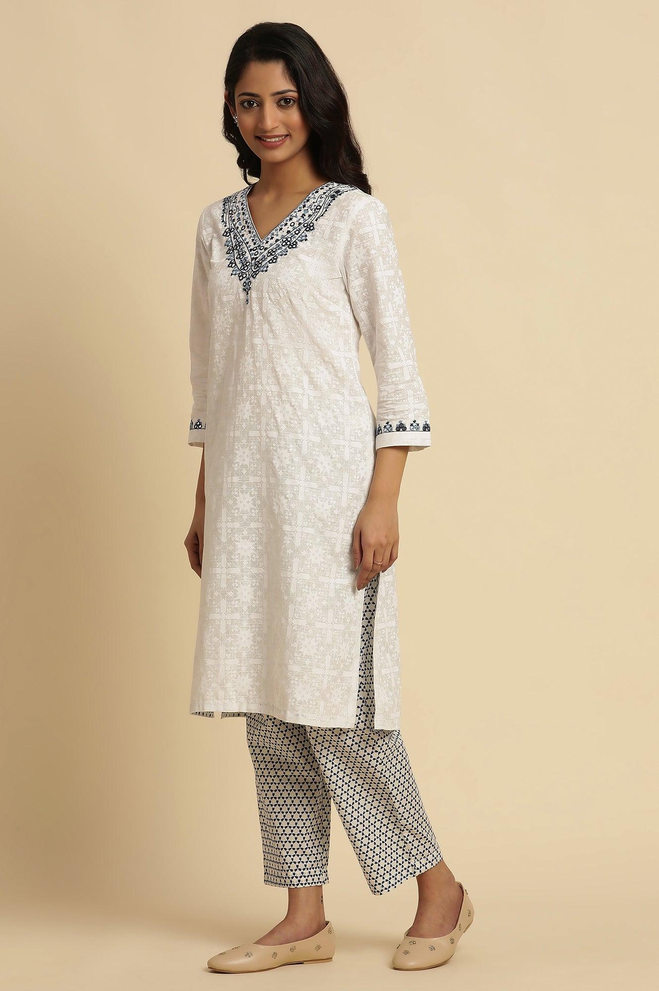 W for Woman White Cotton Kurta With Embroidered Neck